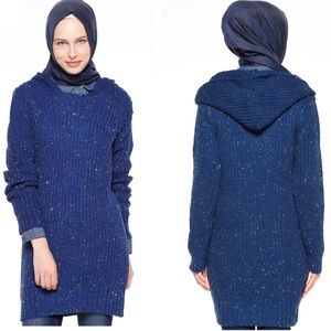 Hooded Blue Navy Long Sweaters Dress Turkish